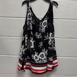 Roz & Ali Black Floral Sleeveless Blouse Red Stripe Hem Plus Size 2X